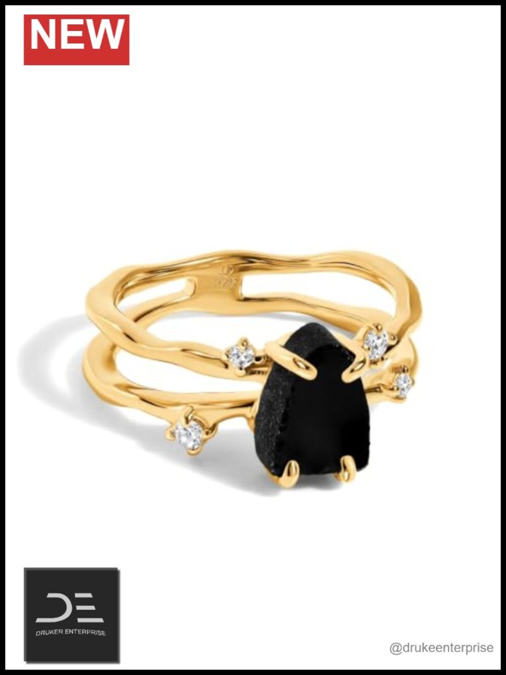 Genuine Obsidian Solitaire Ring 18k Yellow Gold Plated Sterling Silver Size 7